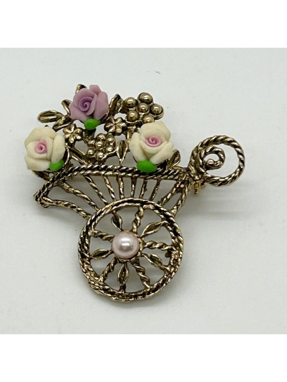 Vintage Gold Tone Flower Cart Brooch Pink White Acrylic Roses And Faux Pearl